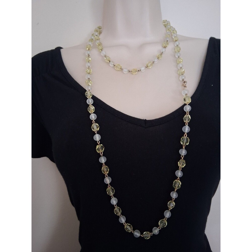 Yellow-green & opaque faceted glass bead opera length necklace 52"